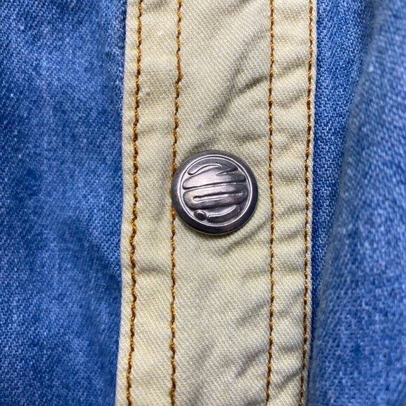 Vintage Denim Shirt Large Patchwork Western Snap Buttons Blue Womens Button Up - Picture 8 of 13